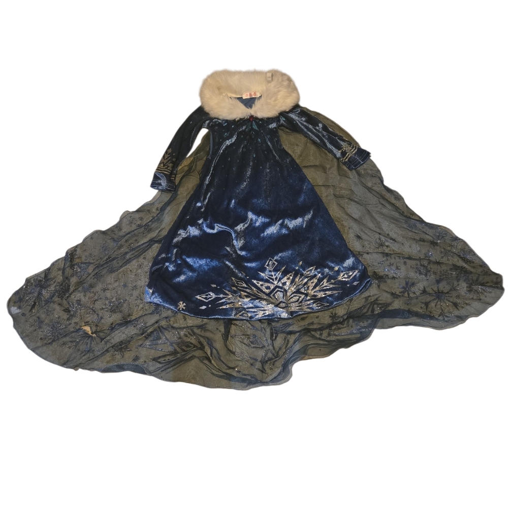 Frozen SNOW Princess Queen, Blue Velvet Dress with Fur Collar And Glitter Cape